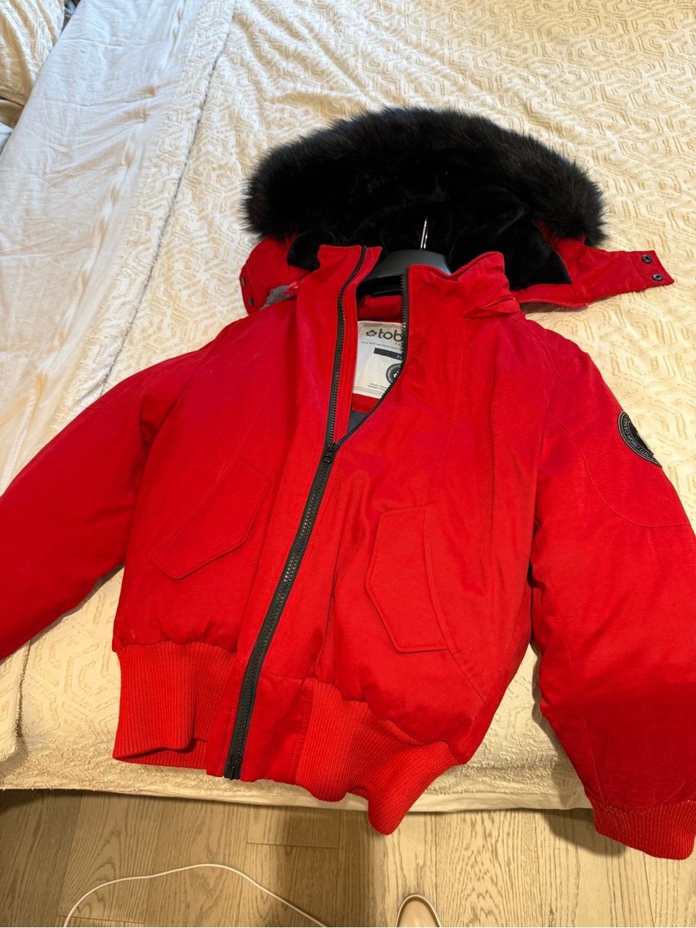 Toboggan duck feather Bomber Jacket with Black Faux Fur Hood